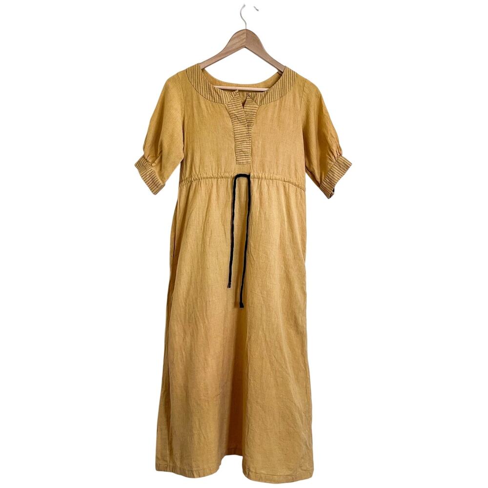 Pana Mina‎ Flax Cotton Lagenlook Dress Size XS Yellow Boho Ethically Made India